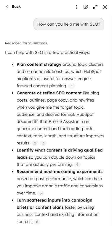 b2b seo tools: a conversation with HubSpot Breeze Copilot showing SEO and content marketing assistance